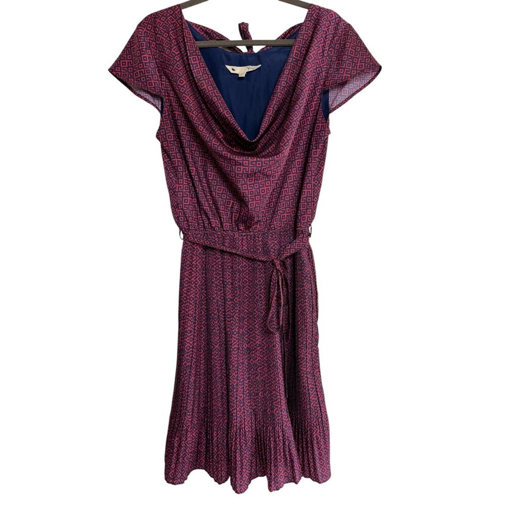 Yumi London Navy Ikat Geometric Pleated Cowl Neck Open Tie Back Dress US 8/10